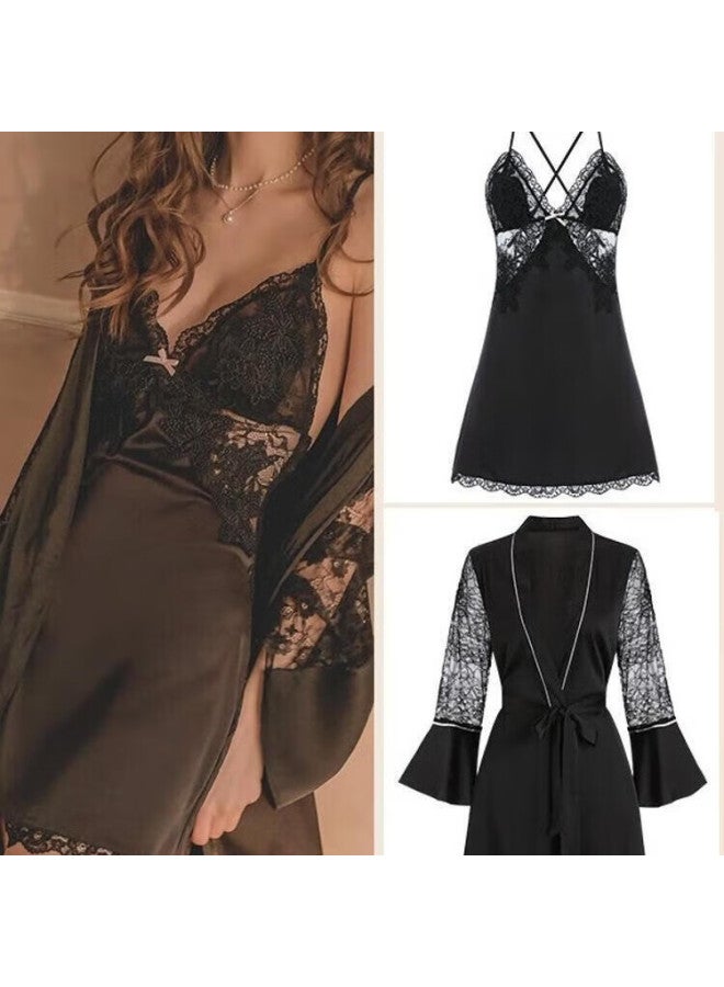 Kj Padded Ice Silk Women's Sleepwear Set Spaghetti Strap Lingerie Nightdress Robe Summer Lace Homewear Set - Image 5