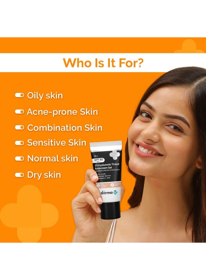 THE derma Co واقي شمس ملون بحمض الهيالورونيك 1% لجميع أنواع البشرة SPF 60 جل، PA++++، بدون أثر أبيض، خفيف الوزن، حماية واسعة النطاق - 30 جرام - Image 3