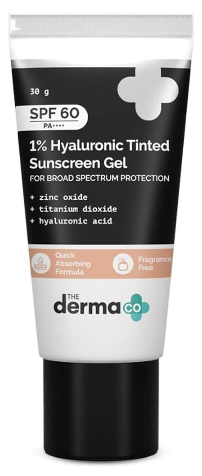 THE derma Co واقي شمس ملون بحمض الهيالورونيك 1% لجميع أنواع البشرة SPF 60 جل، PA++++، بدون أثر أبيض، خفيف الوزن، حماية واسعة النطاق - 30 جرام - Image 1