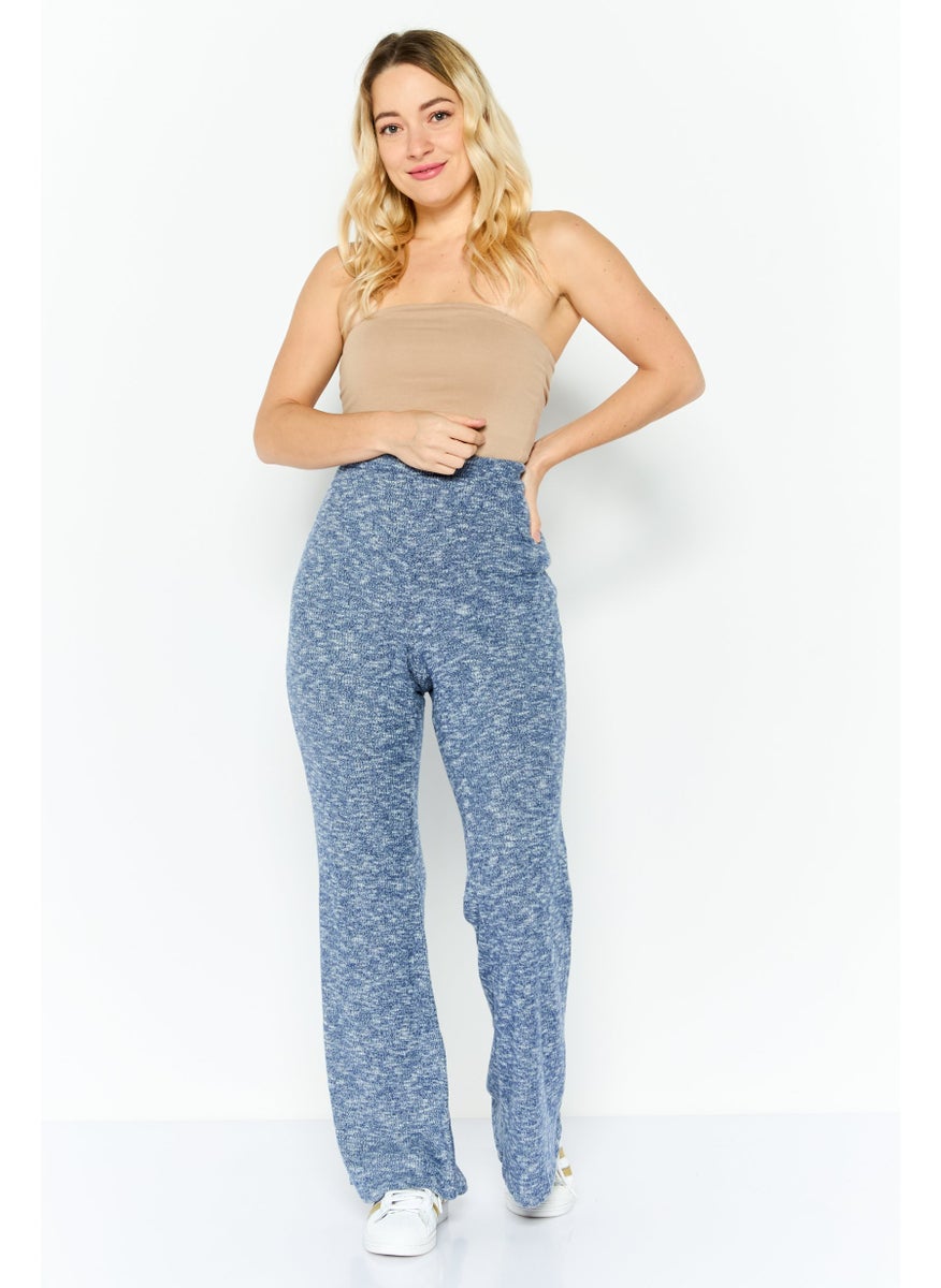 Sage The Label - Women Regular Fit Knit Wide Leg Pant, Blue Combo - Image 1