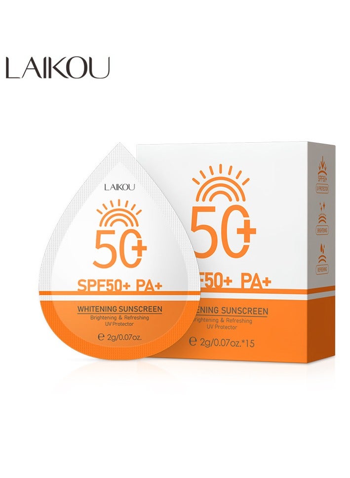لايكو 15 حبة واقي شمس SPF 50+، كريم شمس صغير للوجه والجسم، حجم مثالي للسفر، واقي شمس بدون بقايا بيضاء، للوجه والجسم، مقاوم للماء، حماية خفيفة من الأشعة فوق البنفسجية للاستخدام اليومي، 2 جرام لكل حبة - Image 1