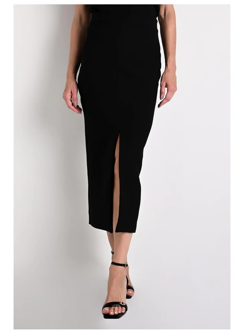 Midi Skirt with Front Slit Black