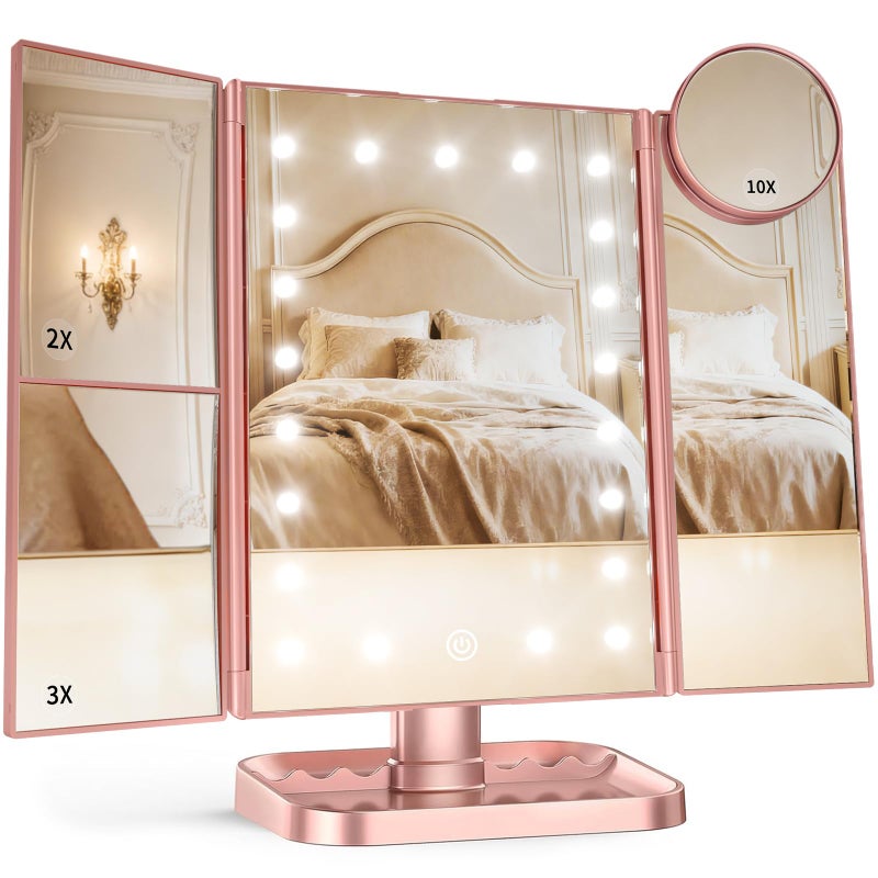 HUONUL Makeup Mirror, Vanity Mirror with Lights, 2X/3X/10X Magnification, Touch Control, Trifold, Dual Power Supply, Valentines Day Gifts for Her,Gifts for Women, Wife, Mom, Girls,Dorm Room Essentials - Image 1