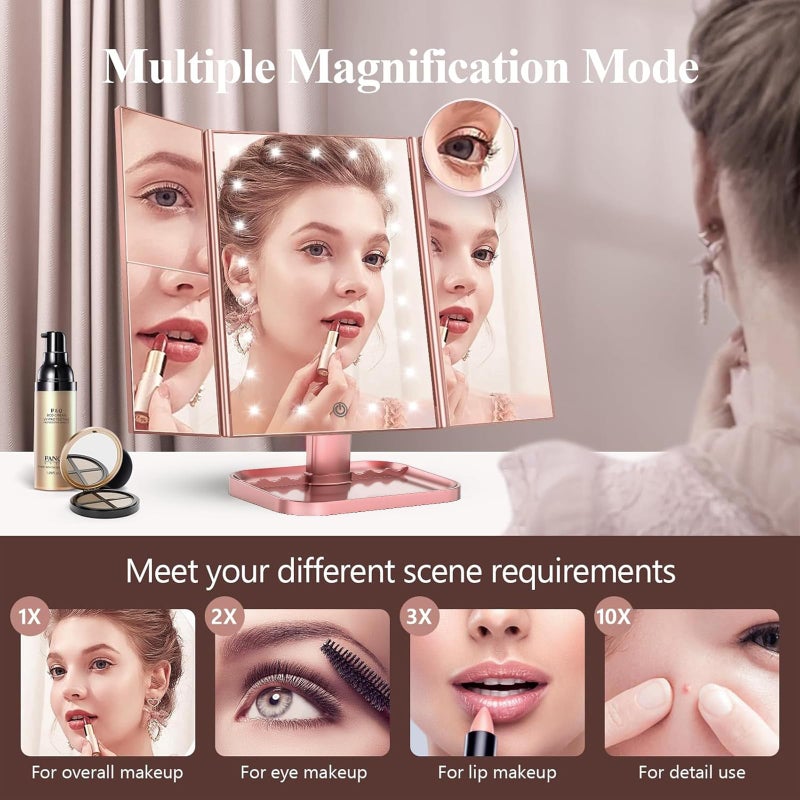 HUONUL Makeup Mirror, Vanity Mirror with Lights, 2X/3X/10X Magnification, Touch Control, Trifold, Dual Power Supply, Valentines Day Gifts for Her,Gifts for Women, Wife, Mom, Girls,Dorm Room Essentials - Image 2