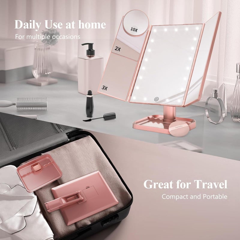 HUONUL Makeup Mirror, Vanity Mirror with Lights, 2X/3X/10X Magnification, Touch Control, Trifold, Dual Power Supply, Valentines Day Gifts for Her,Gifts for Women, Wife, Mom, Girls,Dorm Room Essentials - Image 5