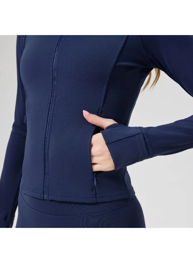 أﻣورﻛس جاكيت رياضي نسائي بسحاب كامل من AMORXE – تصميم ضيق بأكمام طويلة، مثالي لليوغا والجري والتمارين، مع فتحات للإبهام وجيوب بسحاب، خامة مرنة للرياضة واللياقة، كبير، أزرق داكن