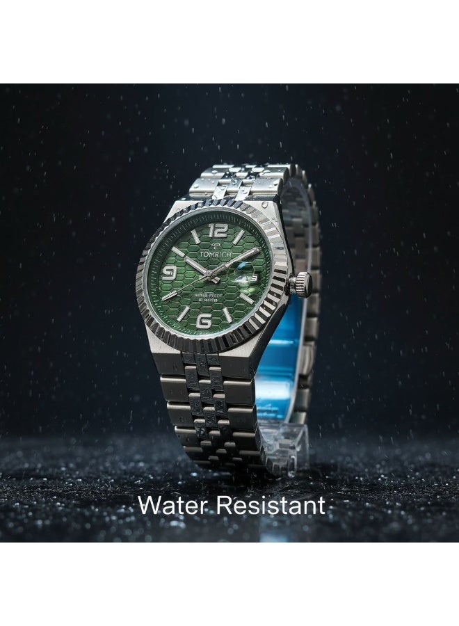 TOMRICH Royal Hive Men’s Watch Green Honeycomb Dial Stainless Steel Strap Quartz Date 30M Water Resistant - Image 4