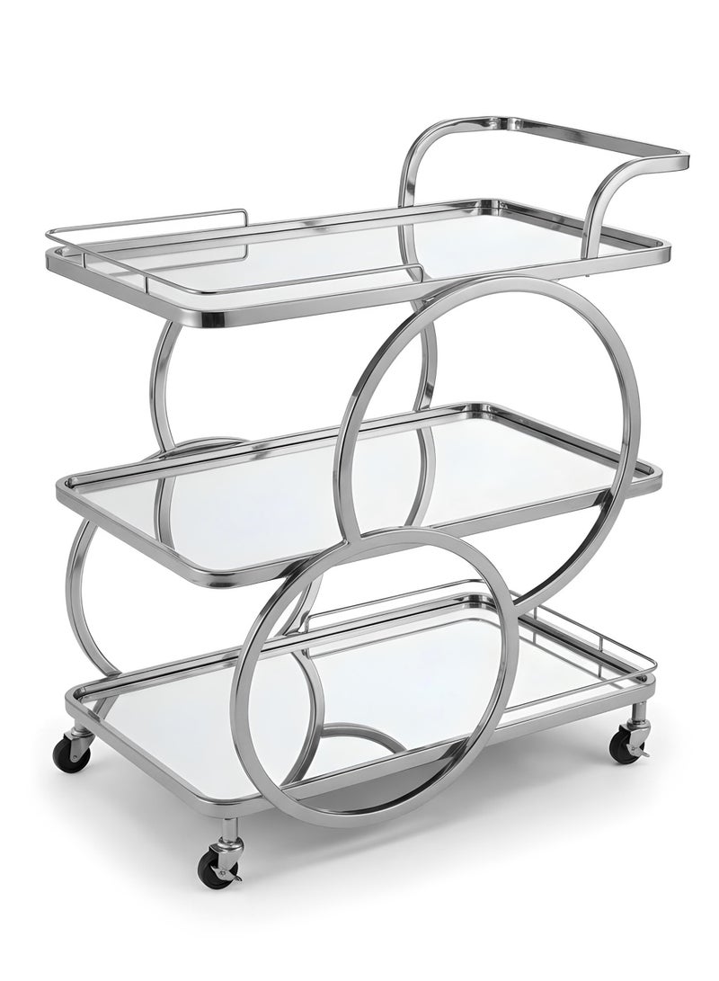 Life Smile Modern Silver 3-Tier Serving Trolley with Mirror Glass Shelves – 76x40x90 cm Rolling Bar Cart with Wheels – Multi-Purpose Food Storage Trolley - Image 1