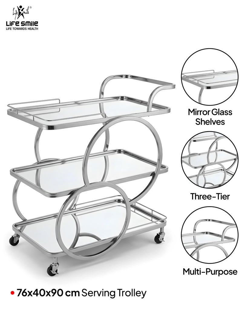 Life Smile Modern Silver 3-Tier Serving Trolley with Mirror Glass Shelves – 76x40x90 cm Rolling Bar Cart with Wheels – Multi-Purpose Food Storage Trolley - Image 2