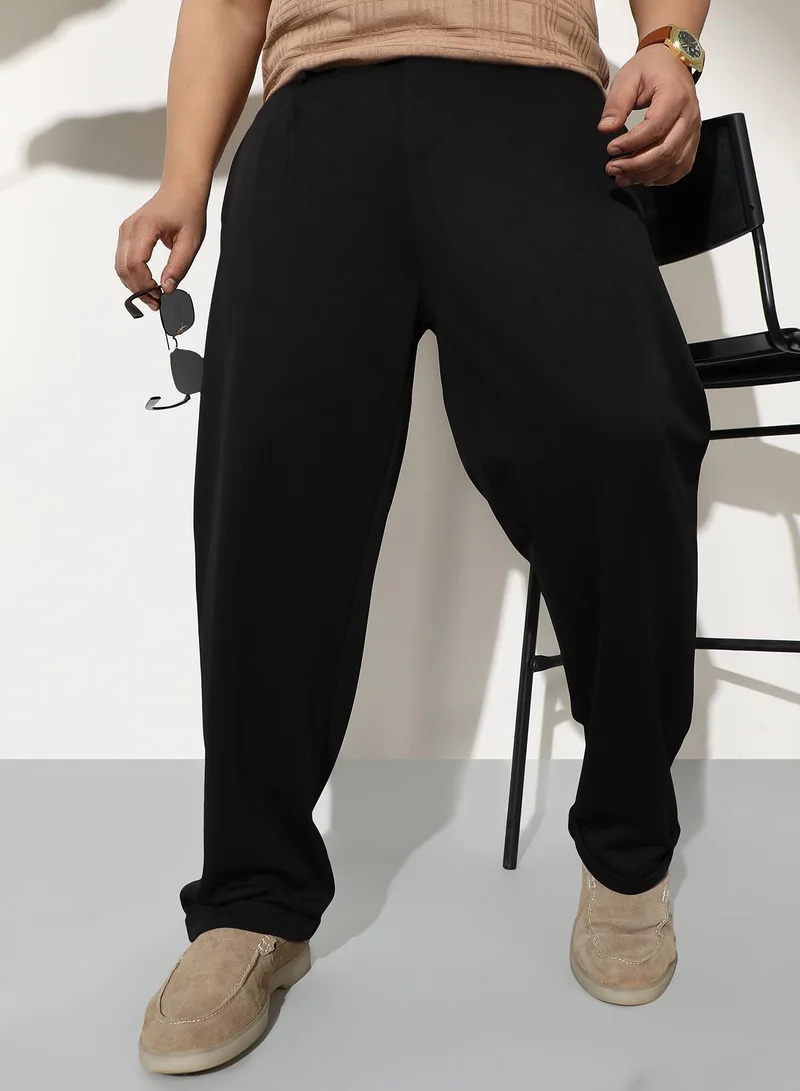 Instafab Plus Men Pleated-Tailored Trousers | Mid-Rise, Extended-Closure Waistband | Button, Straight Hem | Solid Twill Woven Fabric For Casual & Daily | Onyx Black