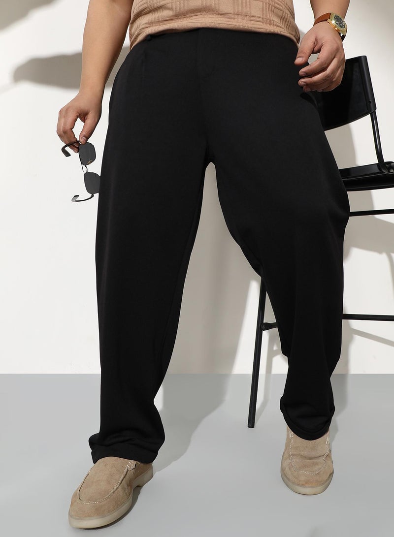 Instafab Plus Men Pleated-Tailored Trousers | Mid-Rise, Extended-Closure Waistband | Button, Straight Hem | Solid Twill Woven Fabric For Casual & Daily | Onyx Black - Image 1