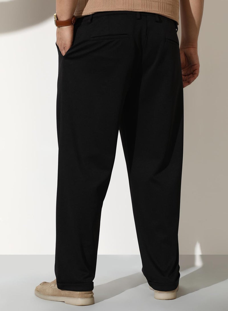 Instafab Plus Men Pleated-Tailored Trousers | Mid-Rise, Extended-Closure Waistband | Button, Straight Hem | Solid Twill Woven Fabric For Casual & Daily | Onyx Black - Image 5