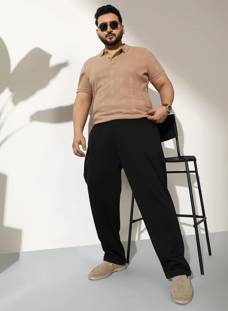 Instafab Plus  Men Pleated-Tailored Trousers | Mid-Rise, Extended-Closure Waistband | Button, Straight Hem | Solid Twill Woven Fabric For Casual & Daily | Onyx Black for Men | Best Price UAE