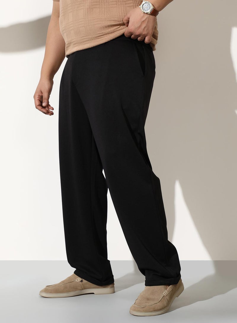 Instafab Plus Men Pleated-Tailored Trousers | Mid-Rise, Extended-Closure Waistband | Button, Straight Hem | Solid Twill Woven Fabric For Casual & Daily | Onyx Black - Image 3