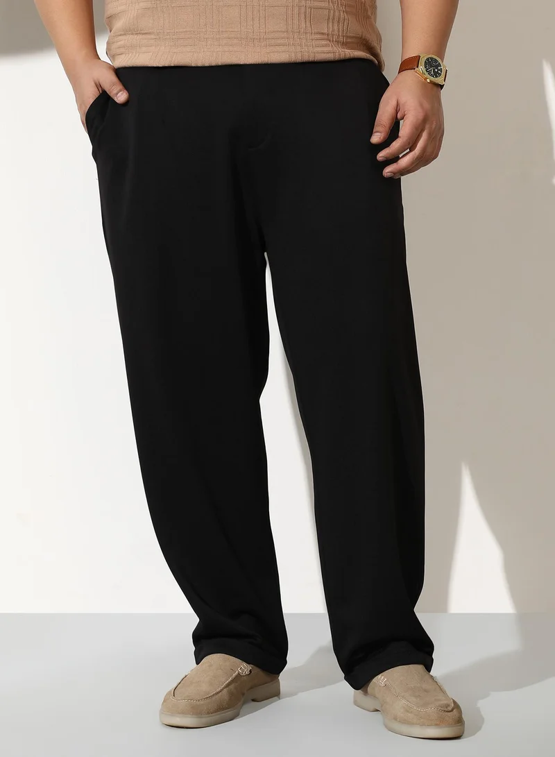 Instafab Plus Men Pleated-Tailored Trousers | Mid-Rise, Extended-Closure Waistband | Button, Straight Hem | Solid Twill Woven Fabric For Casual & Daily | Onyx Black