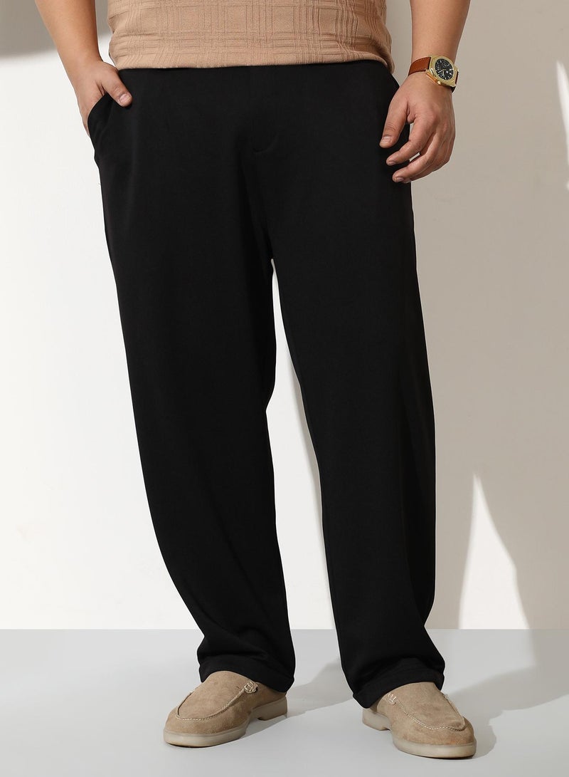 Instafab Plus Men Pleated-Tailored Trousers | Mid-Rise, Extended-Closure Waistband | Button, Straight Hem | Solid Twill Woven Fabric For Casual & Daily | Onyx Black - Image 2