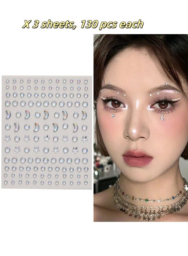 3 Sheets 3D Self-Adhesive Rhinestones for Eyes, Face & Nail Decoration, Festival Makeup & DIY Crafts, Iridescent Silver Face Gems Stickers (390PCS) - Image 1