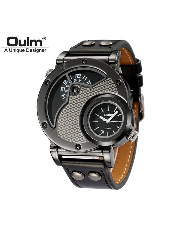 أولم ساعة Oulm الرياضية الفريدة ذات المنطقة الزمنية المزدوجة للرجال من الكوارتز، ساعة يد جلدية PU كاجوال للرجال، اختيار مثالي للهدايا