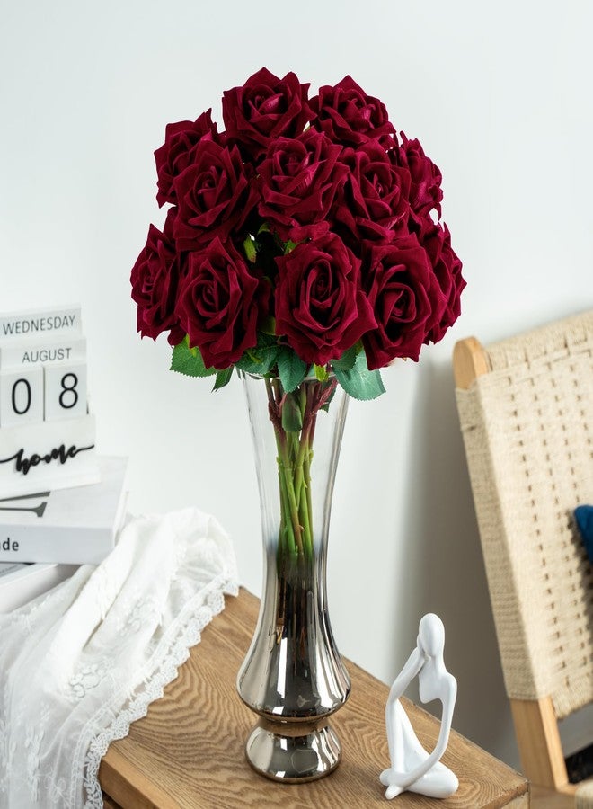 Ttranewsoo Fake Roses Faux Flowers Silk Roses Artificial Roses with Stems 16.5In Realistic Artificial Flowers Suitable for Indoor Home Decoration Diy Bouquet Wedding Decor Party Decor 12PCS(Black red) - Image 3