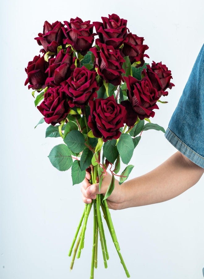 Ttranewsoo Fake Roses Faux Flowers Silk Roses Artificial Roses with Stems 16.5In Realistic Artificial Flowers Suitable for Indoor Home Decoration Diy Bouquet Wedding Decor Party Decor 12PCS(Black red) - Image 1