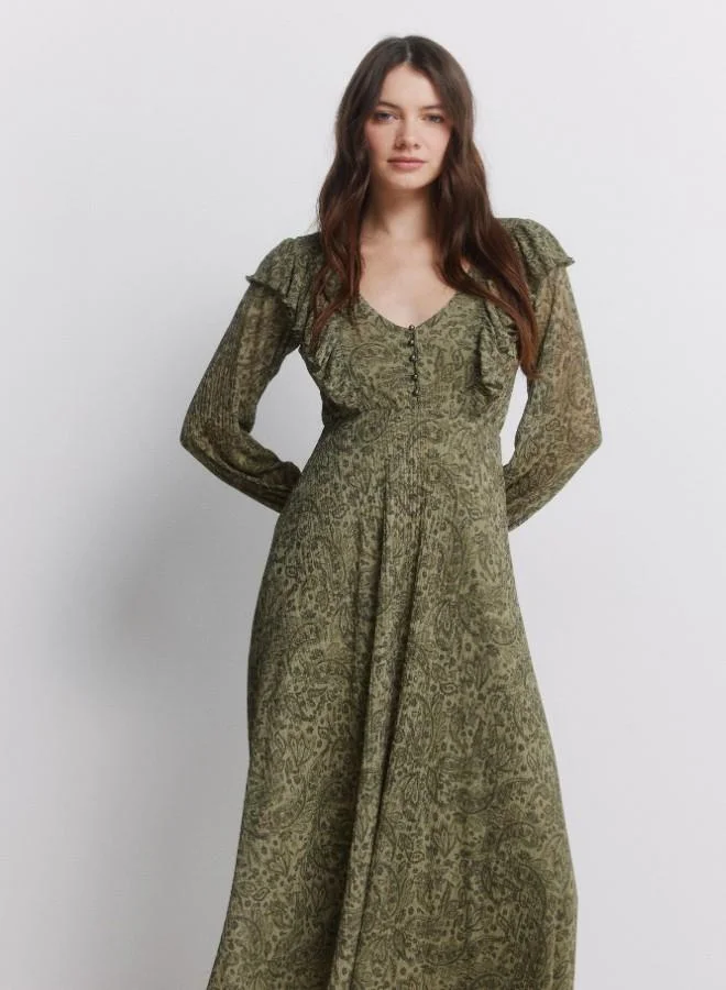 Springfield Green printed long sleeve V-neck midi dress
