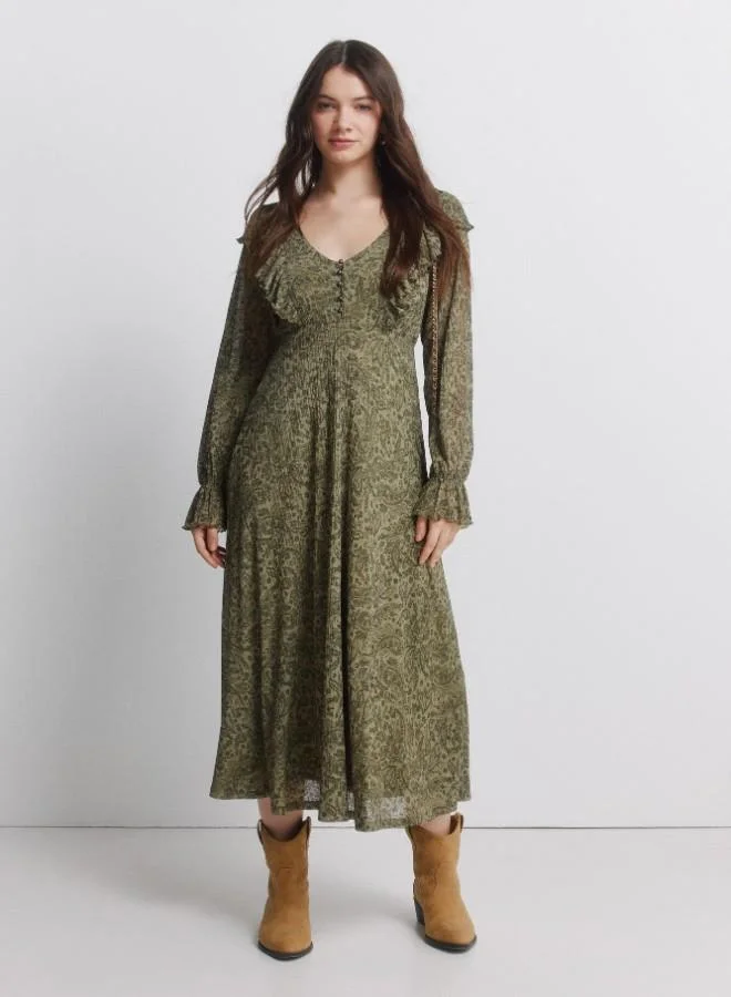 Springfield Green printed long sleeve V-neck midi dress