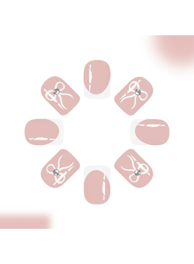 Goolsky Short Square Press-on Nails with Nude & White French Bow Rhinestone - Image 2