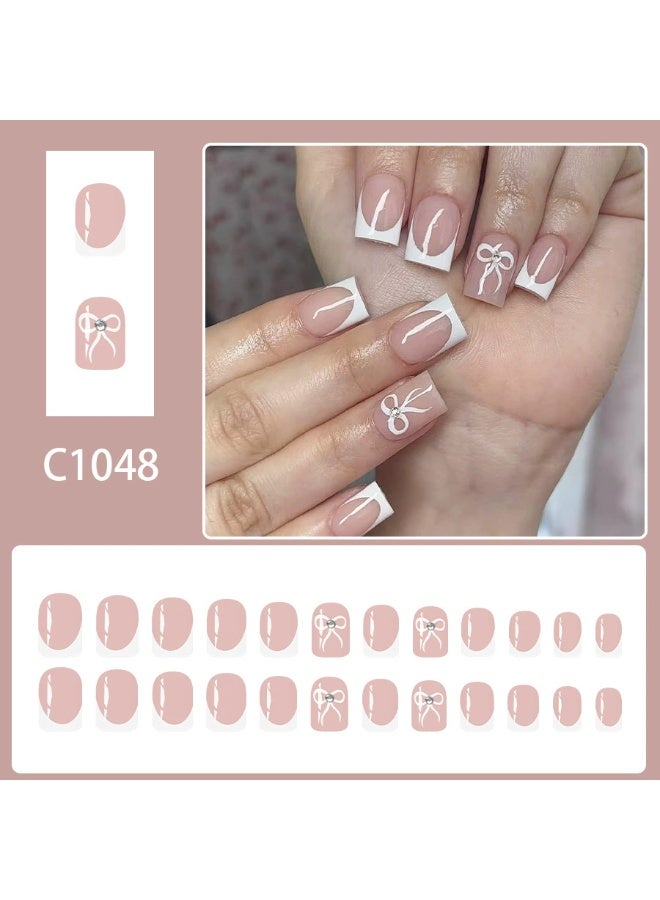 Goolsky Short Square Press-on Nails with Nude & White French Bow Rhinestone - Image 1