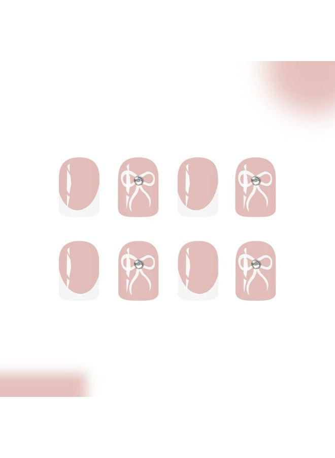 Goolsky Short Square Press-on Nails with Nude & White French Bow Rhinestone - Image 3