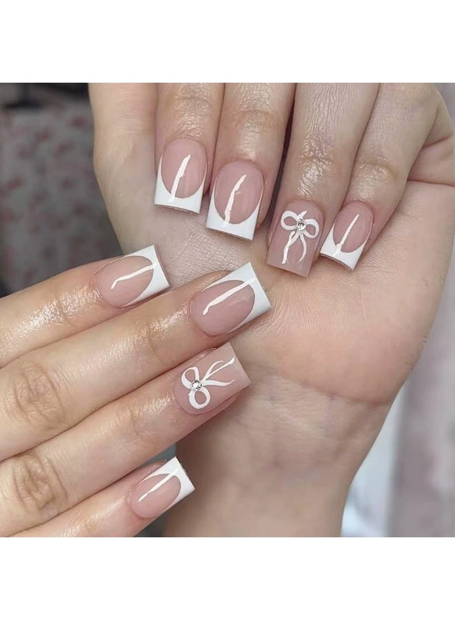 Goolsky Short Square Press-on Nails with Nude & White French Bow Rhinestone - Image 4