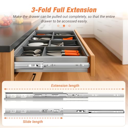 REGUDA Drawer Slides Ball Bearing 3 Folds Full Extension Side Mount Cabinet Runners Glides Rails Track 100 Lbs Load 10 12 14 16 18 20 22 24 Inch Silver (1 Pair (Silver), 12 inch) - Image 3