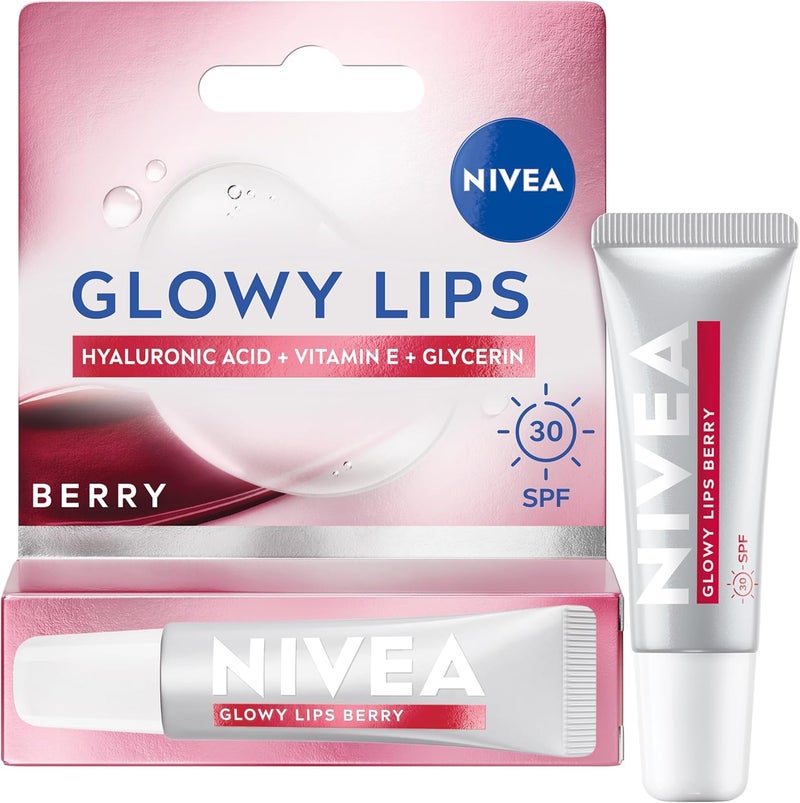 NIVEA Lip Hyaluron Glowy Lips Tube Berry 10ml Lip Balm with Berry Shine and SPF30 Protection Hydrating Lip Care with Hyaluronic Acid and Vitamin E LongLasting Glowy Finish