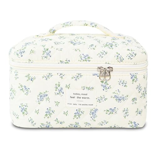 GISMTR Makeup Bag Floral Quilted Cosmetic Bag Large Travel Aesthetic Make up Bag Cute Coquette Toiletry Bag for Women Girls - Image 1