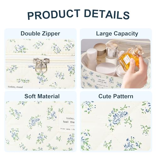 GISMTR Makeup Bag Floral Quilted Cosmetic Bag Large Travel Aesthetic Make up Bag Cute Coquette Toiletry Bag for Women Girls - Image 3