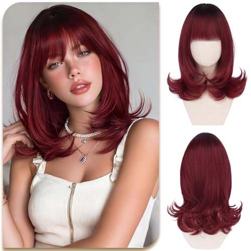 SOFEIYAN Short Burgundy Red Wig with Bang for Women 15 Inch Shoulder Length Layered Straight Bob Wigs Natural Looking Synthetic Soft Heat Resistant Wig for Women Daily Party UseRed with Black Roots - Image 1