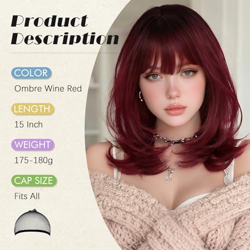 SOFEIYAN Short Burgundy Red Wig with Bang for Women 15 Inch Shoulder Length Layered Straight Bob Wigs Natural Looking Synthetic Soft Heat Resistant Wig for Women Daily Party UseRed with Black Roots - Image 3