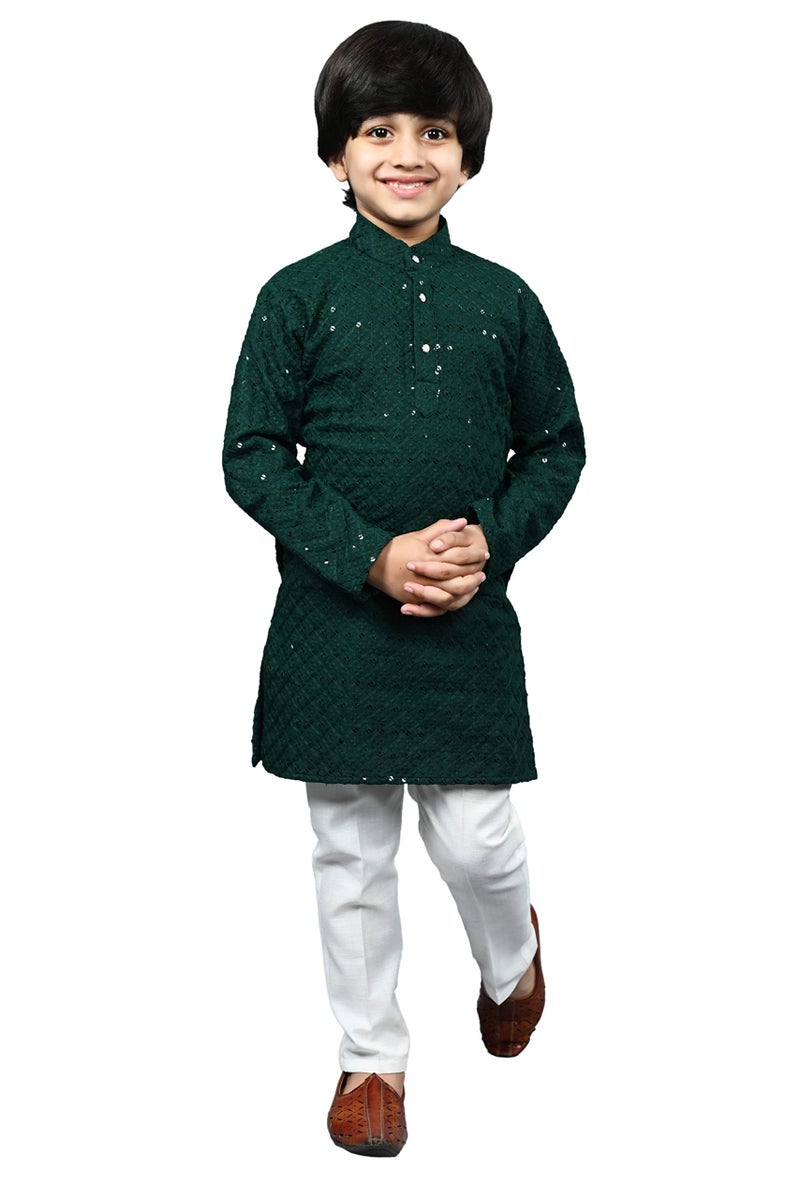 AHHAAAA Boys Cotton Floral Full Sequin Embroidery Mirror Work Kurta Sets with Pajama (Green, 2-3 Yrs) 502MF () - Image 1