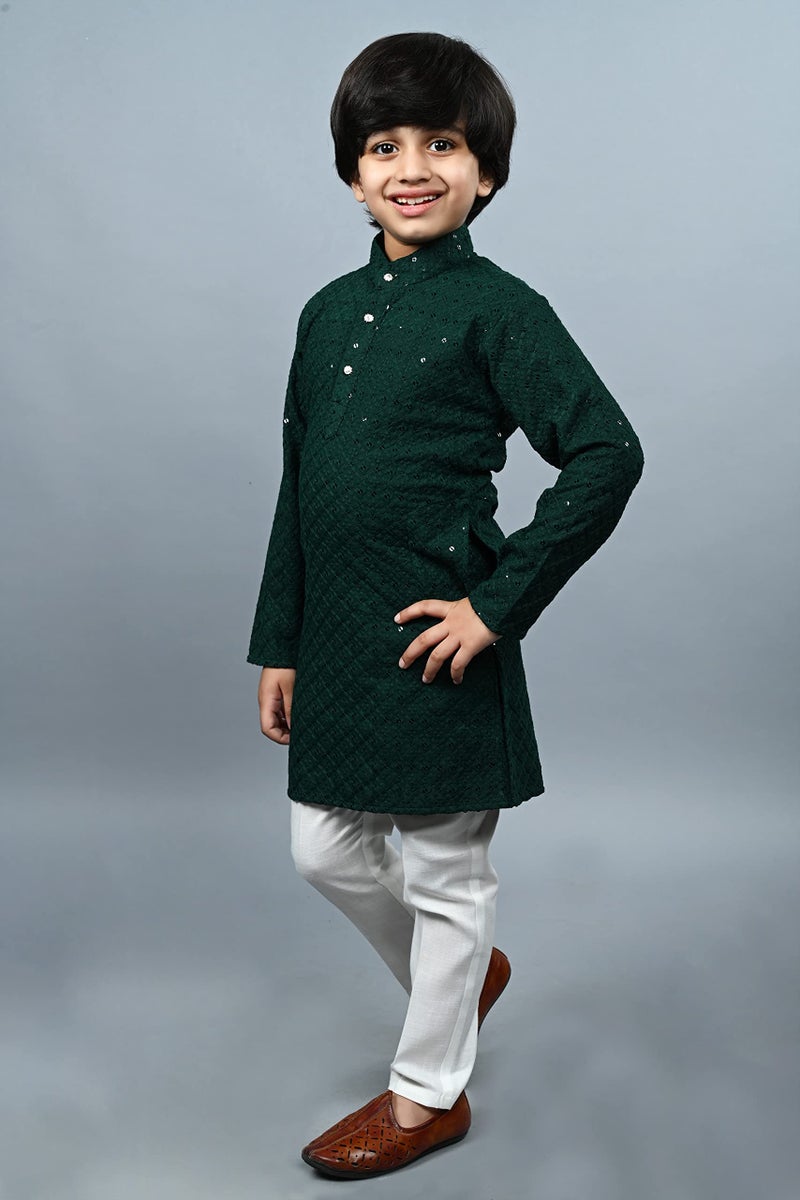 AHHAAAA Boys Cotton Floral Full Sequin Embroidery Mirror Work Kurta Sets with Pajama (Green, 2-3 Yrs) 502MF () - Image 4