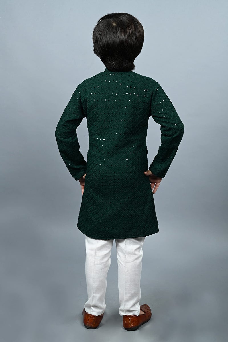 AHHAAAA Boys Cotton Floral Full Sequin Embroidery Mirror Work Kurta Sets with Pajama (Green, 2-3 Yrs) 502MF () - Image 3