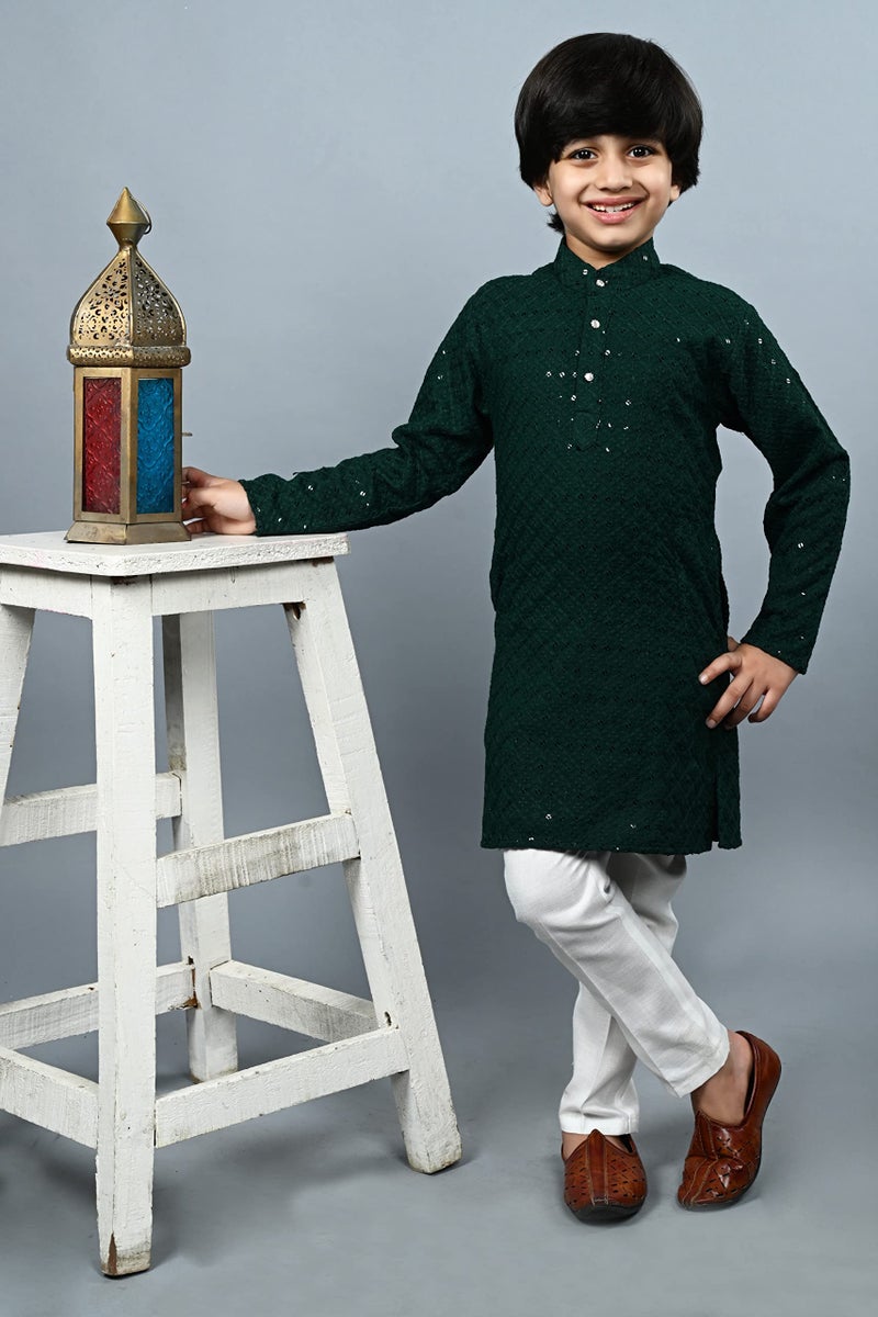 AHHAAAA Boys Cotton Floral Full Sequin Embroidery Mirror Work Kurta Sets with Pajama (Green, 2-3 Yrs) 502MF () - Image 2