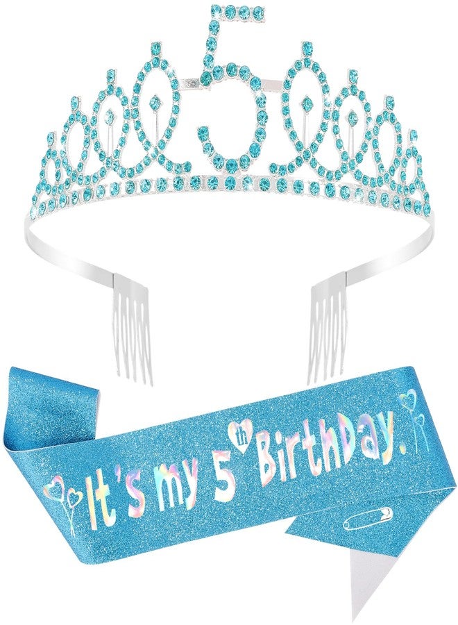 FASOTY 5th Birthday Decorations for Girl，Blue Glitter Sash with Silver Foil Birthday Sash and Crown for Girls Funny 5th Party Favor Supplies - Image 1