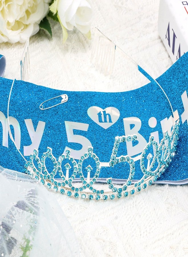 FASOTY 5th Birthday Decorations for Girl，Blue Glitter Sash with Silver Foil Birthday Sash and Crown for Girls Funny 5th Party Favor Supplies - Image 4