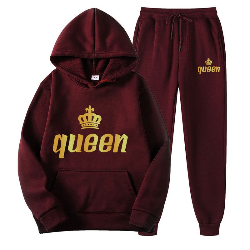 Couples Hoodie  Sweatpants Set Autumn Wine red-queen 