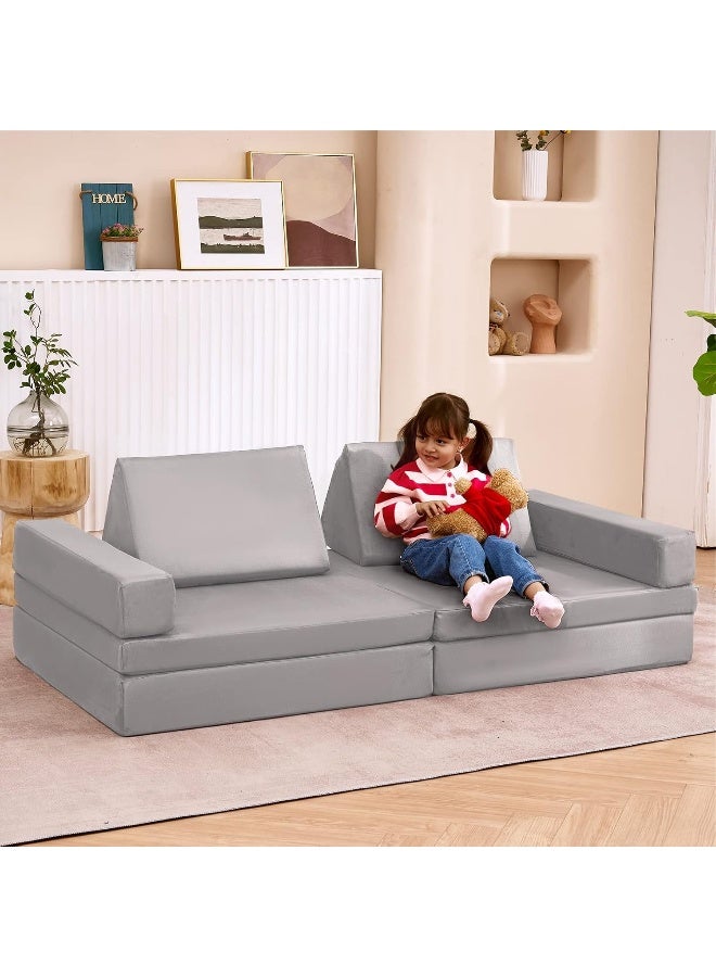 Jela Kids Modular Play Couch - Extended Size 8PCS, Floor Sofa for Family, Playhouse Set for Toddlers & Babies, Indoor Foam Couch 66" x 33" x 22" Lightgrey - Image 1