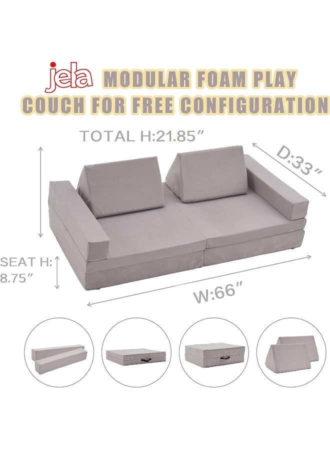 Jela Kids Modular Play Couch - Extended Size 8PCS, Floor Sofa for Family, Playhouse Set for Toddlers & Babies, Indoor Foam Couch 66" x 33" x 22" Lightgrey - Image 3
