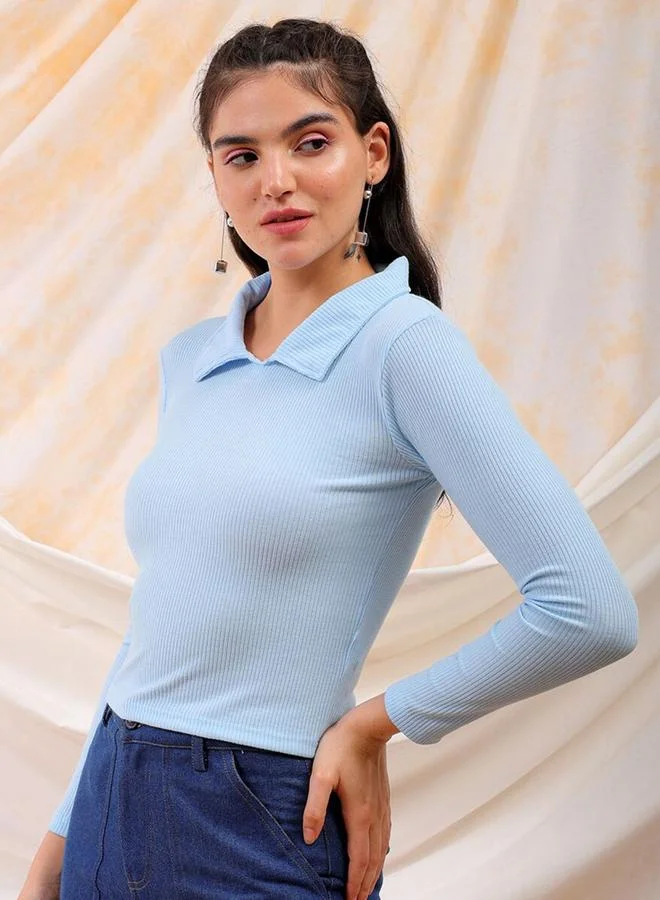 Freehand Freehand Women Blue Ribbed Fitted Top with Collar