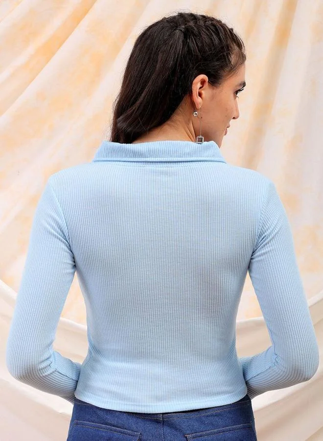 Freehand Freehand Women Blue Ribbed Fitted Top with Collar