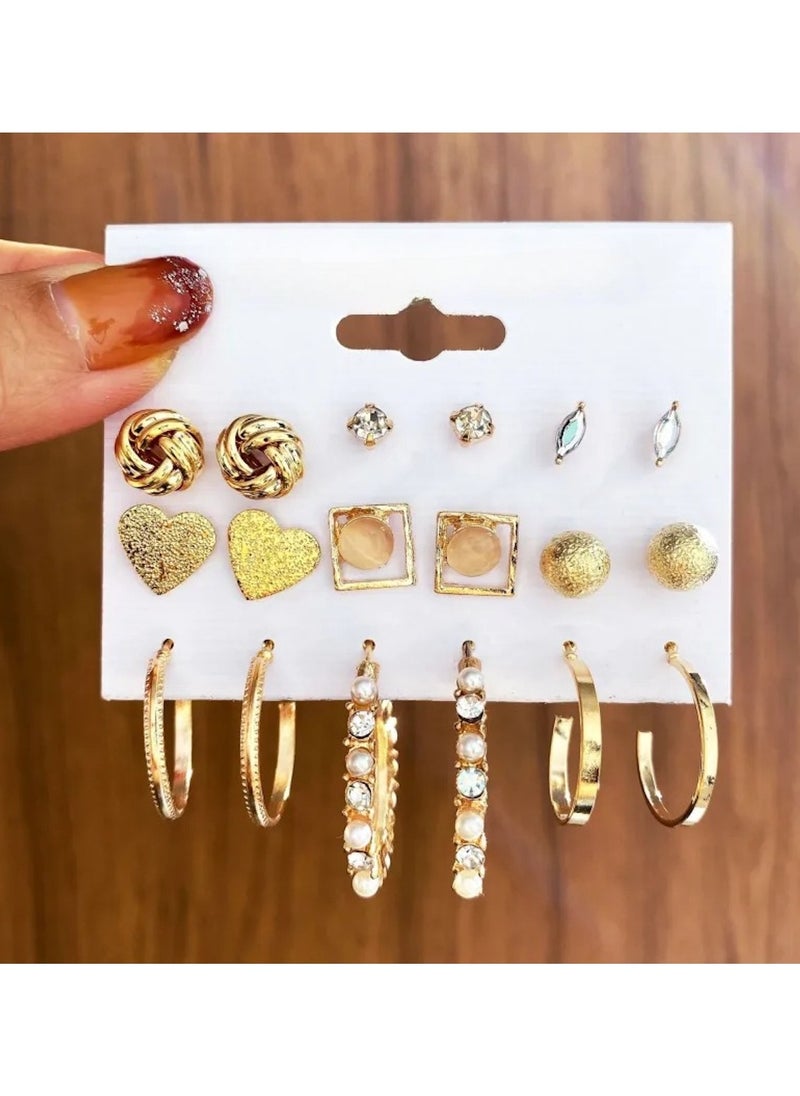 Huitich Elegant Gold Colour Tone Earrings Set – 6 Pairs with Crystal & Pearl Accents  - Image 2
