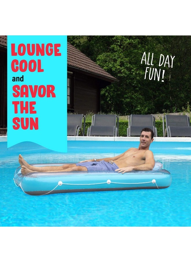 Hoovy - Inflatable Tanning Pool Lounge Float ; Personal Pool Lounger With Pillow ; Inflatable Tanning Pool Bed (Blue) ; 13 Years+ - Image 1
