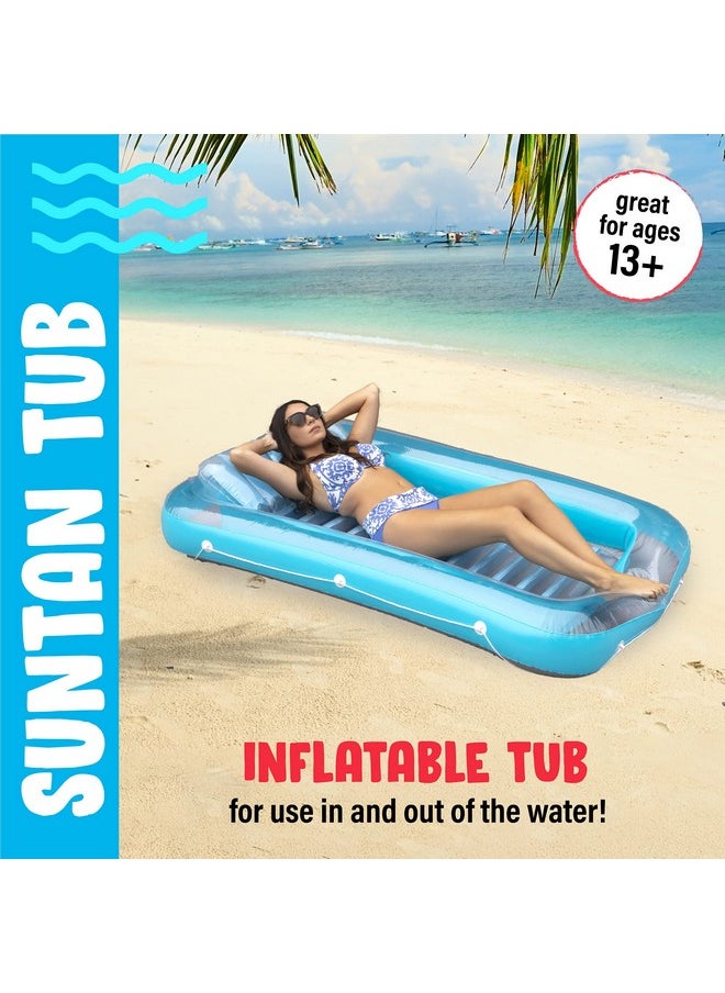 Hoovy - Inflatable Tanning Pool Lounge Float ; Personal Pool Lounger With Pillow ; Inflatable Tanning Pool Bed (Blue) ; 13 Years+ - Image 1